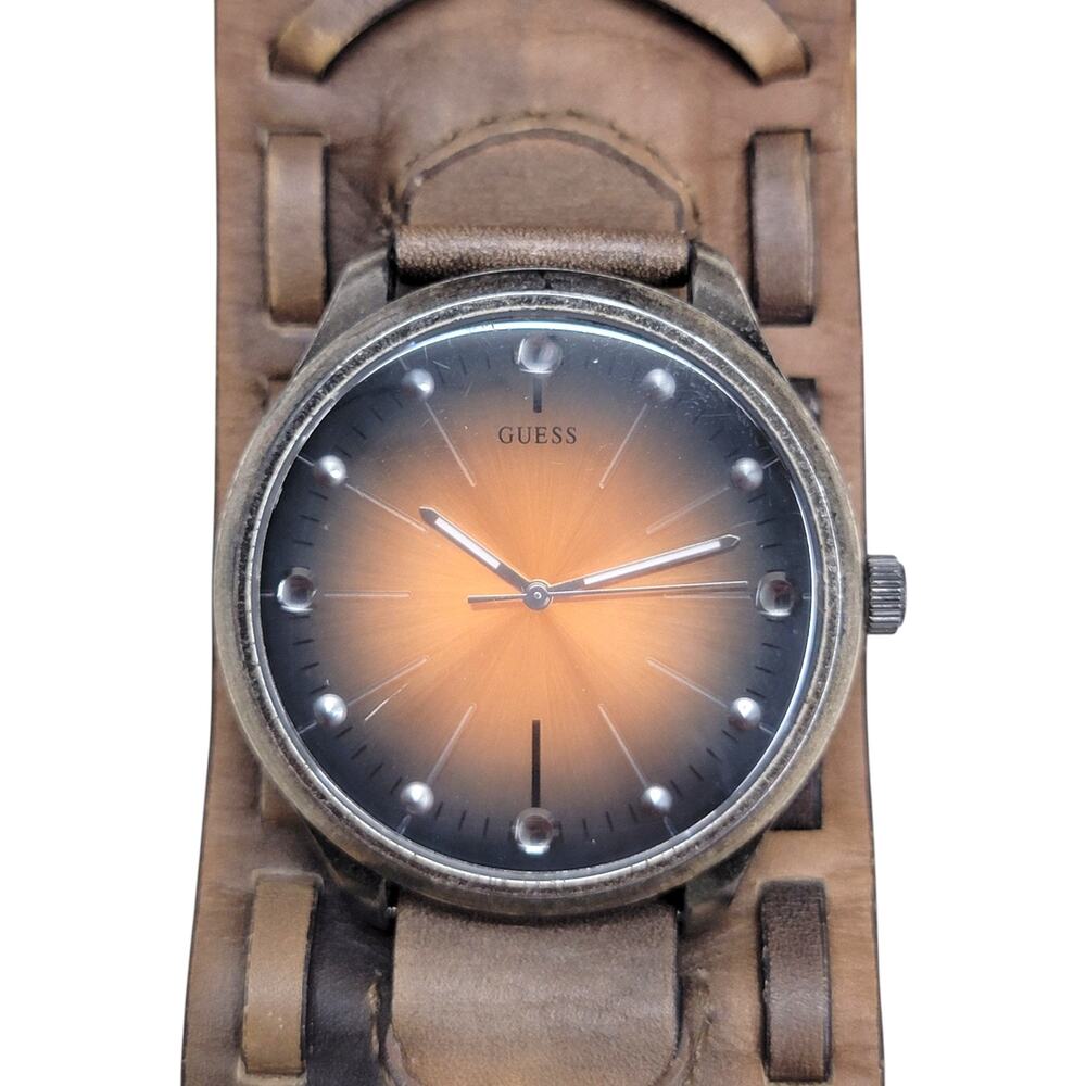 Guess Mens Wide Leather Cuff Watch Orange Sunburst Dial Y2K Bund Strap Quartz